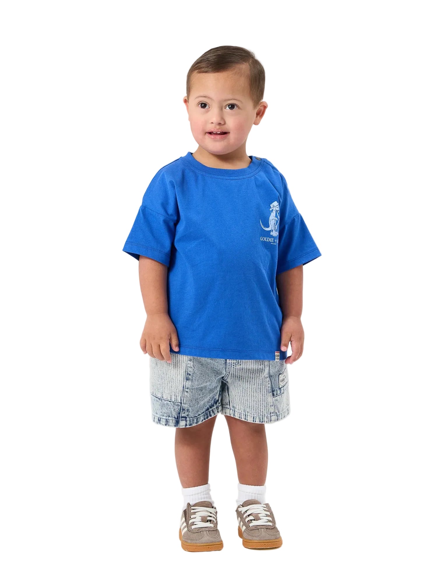 Light blue striped denim shorts with a white drawstring and a small brand patch on the left leg, shown flat on a white background.