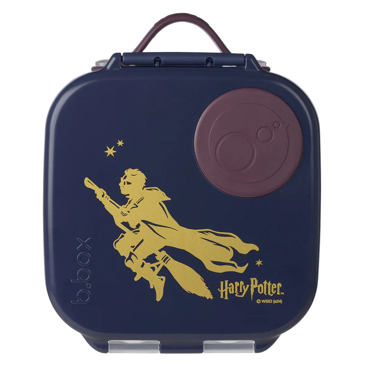 Navy blue lunch box with gold silhouette of a character and 'Harry Potter' branding on a light gray background