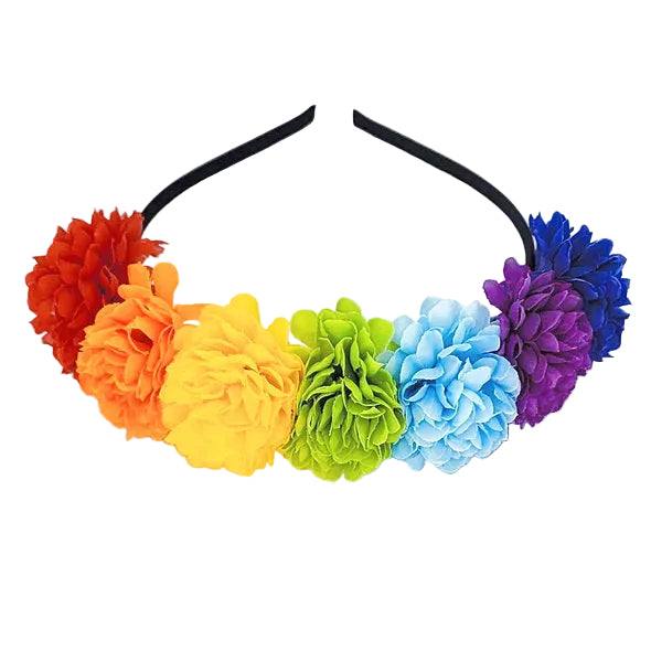 A rainbow flower headband featuring seven colorful fabric flowers in red, orange, yellow, green, light blue, purple, and dark blue, attached to a black elastic band, shown on a plain white background.
