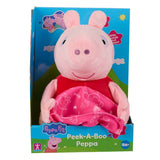 Peppa Pig Peek-A-Boo plush toy in its original retail packaging, featuring the pink pig character peeking out from behind a blue and green box with 'Peppa Pig' branding.