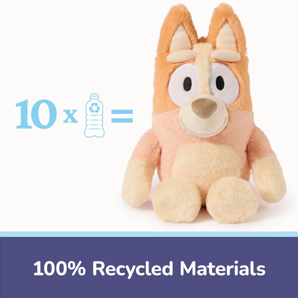 Plush toy with 100% recycled materials text and bottle icon on a white background