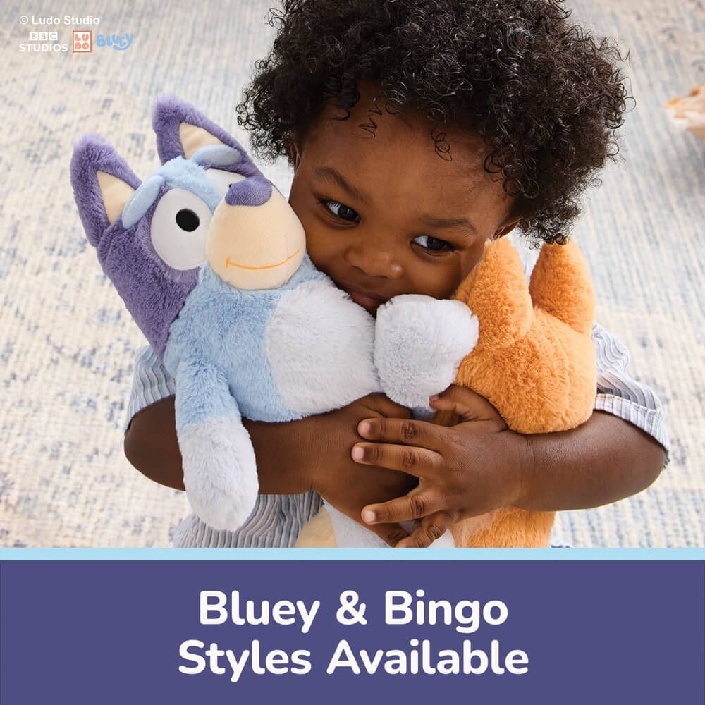A young child hugging two plush toys, Bluey and Bingo, with a text banner at the bottom reading 'Bluey &amp; Bingo Styles Available'.