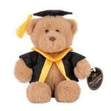 Graduation-themed teddy bear with cap and gown on a white background