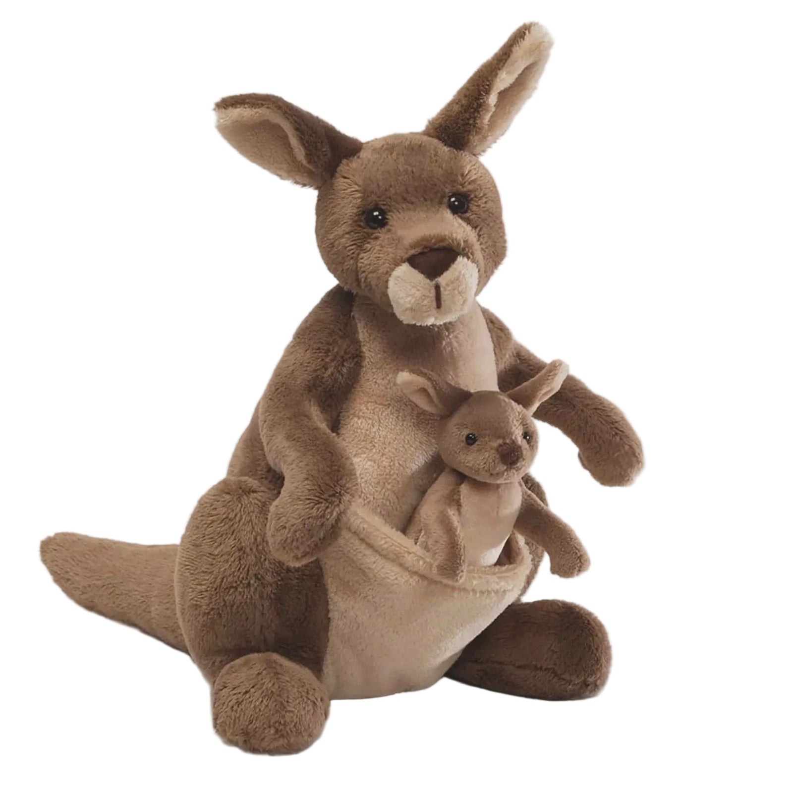 Plush kangaroo toy with baby kangaroo in pouch on a white background