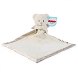 A Gund Baby security blanket featuring a cream-colored plush teddy bear attached to a square soft fabric pad with a gray satin border, shown on a plain white background with its Gund Baby brand tag visible.