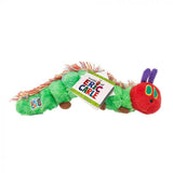 A plush toy resembling a colorful caterpillar with a label that says 'The Very Hungry Caterpillar' and the name 'Eric Carle'.