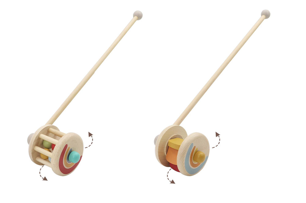 Wooden toy with colorful wheels and sticks on a white background