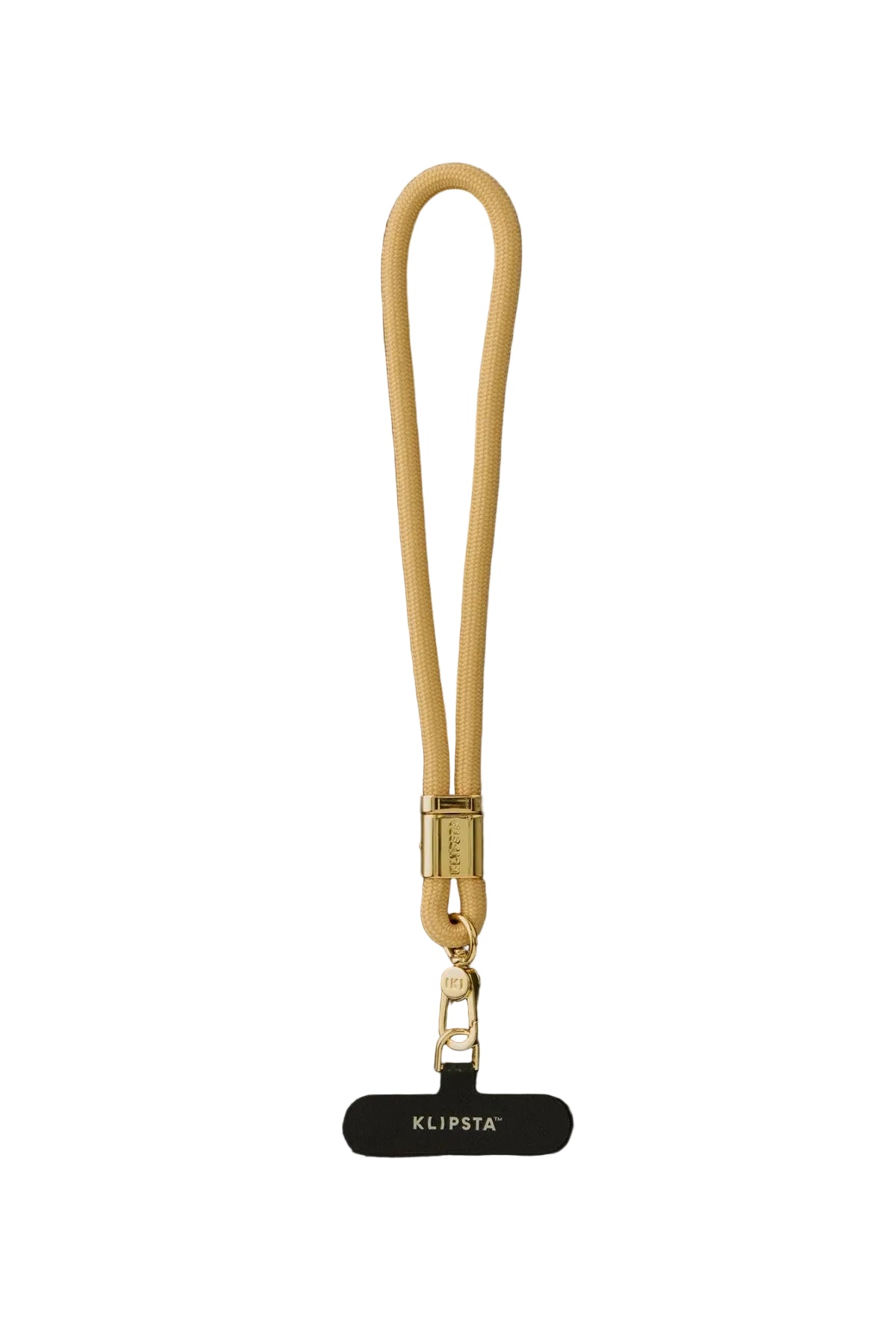 A beige leather wrist strap with gold-tone hardware and a black KLIPSTA brand tag below, displayed on a dark background.