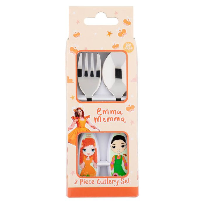 A 2-piece cutlery set with a fork and spoon, featuring illustrations of Emma Memma and Elvin Melvin on the handles, packaged in a branded box.