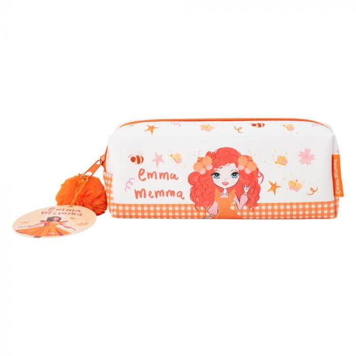 A pencil case with orange and white checkered trim, featuring an illustration of a cartoon character with orange hair and the text 'Emma Memma'. It has an orange pom pom zipper pull.