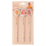 A set of three pencils with character eraser toppers, designed with cartoonish animal characters, displayed in a clear plastic packaging.