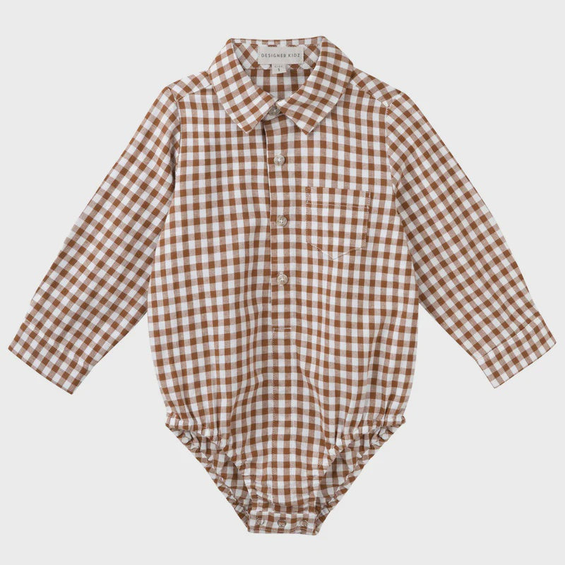 Oliver L/S Button Romper - Cocoa Gingham