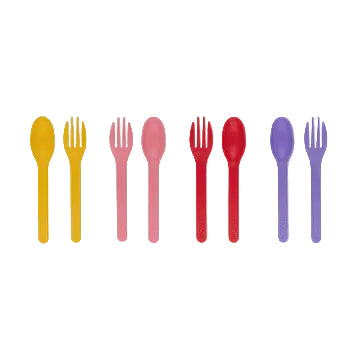 A set of forks and spoons designed for children's cutlery.