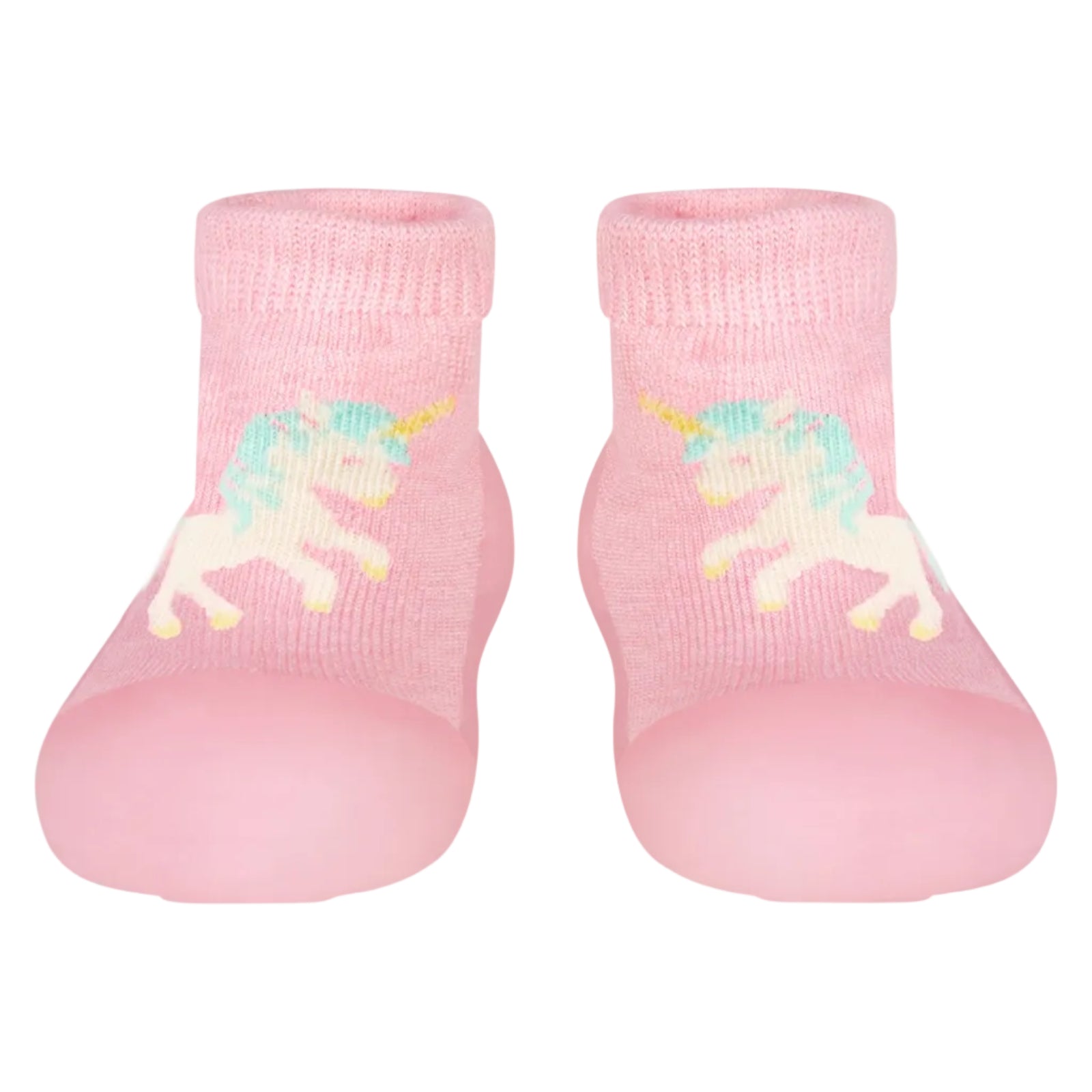 A pair of pink organic hybrid walking socks with a unicorn design and skid resistant rubber soles for babies.