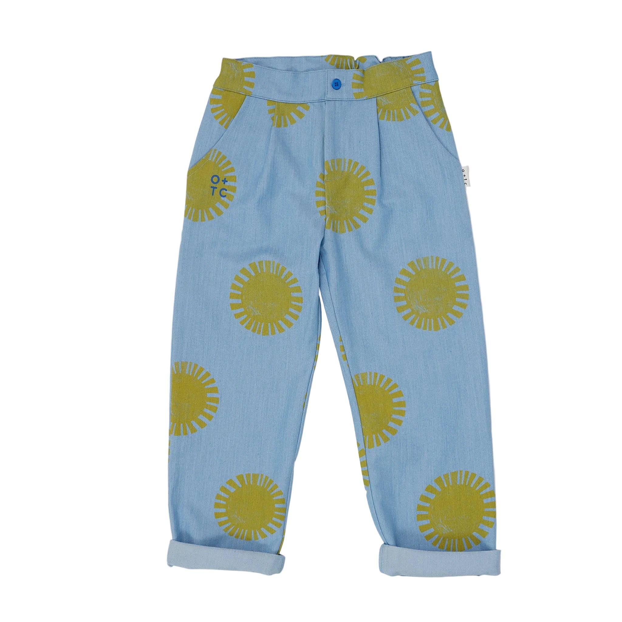 Light blue pants with yellow sun patterns on a white background