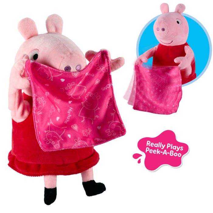 Peppa Pig plush toy holding a pink patterned Peek-A-Boo blanket, with a circular inset showing the plush peeking out from under the blanket and a pink badge that reads 'Really Plays Peek-A-Boo'.