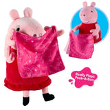 Peppa Pig plush toy holding a pink patterned Peek-A-Boo blanket, with a circular inset showing the plush peeking out from under the blanket and a pink badge that reads 'Really Plays Peek-A-Boo'.