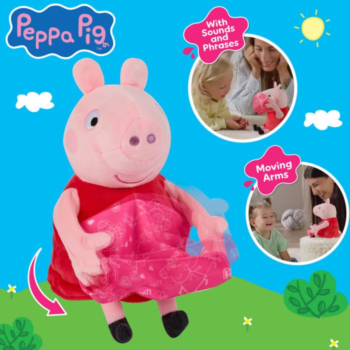 Peppa Pig plush toy wearing a pink patterned dress, shown on a bright blue background with decorative clouds, green grass, and two circular inset photos demonstrating interactive features like sounds/phrases and moving arms. The Peppa Pig logo appears in the top left.