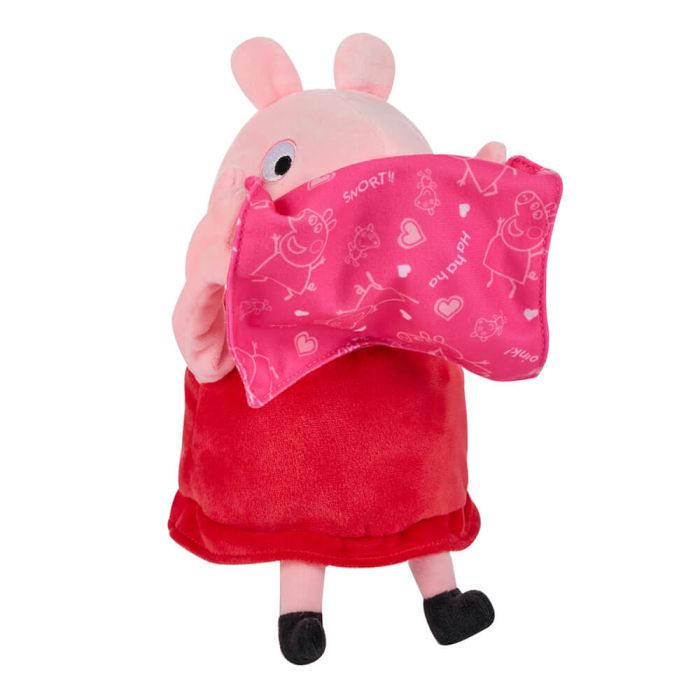 Peppa Pig Peek-A-Boo plush toy in its original retail packaging, featuring the pink pig character peeking out from behind a blue and green box with 'Peppa Pig' branding.