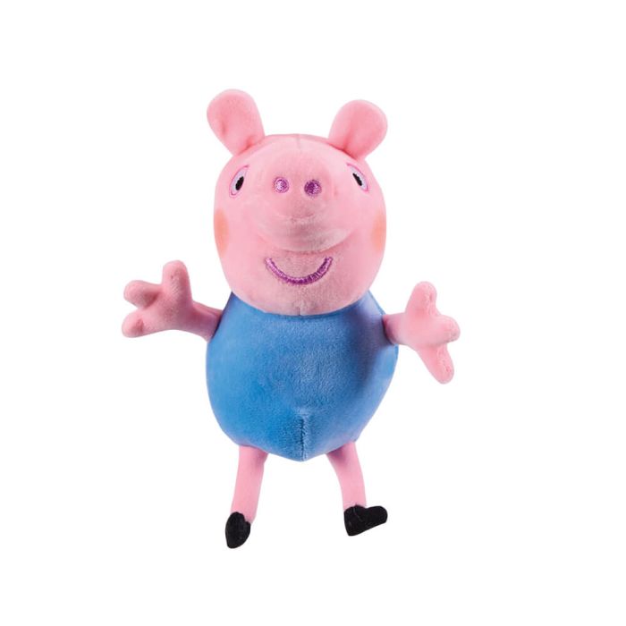 Peppa Pig brother George plush toy character wearing a blue outfit, standing against a plain white background.