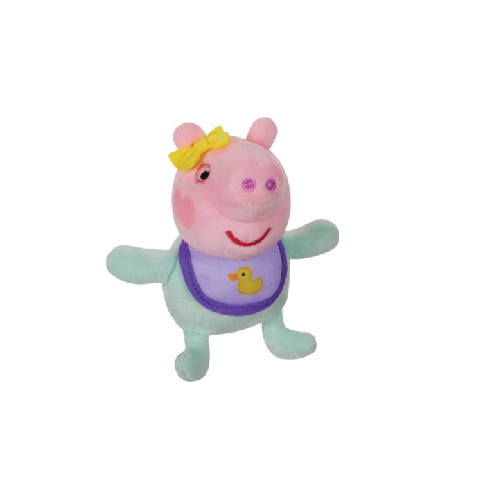 A Peppa Pig - baby Evie plush toy character with pink skin, a yellow bow, a purple bib with a yellow duck, and mint green limbs, isolated on a white background.