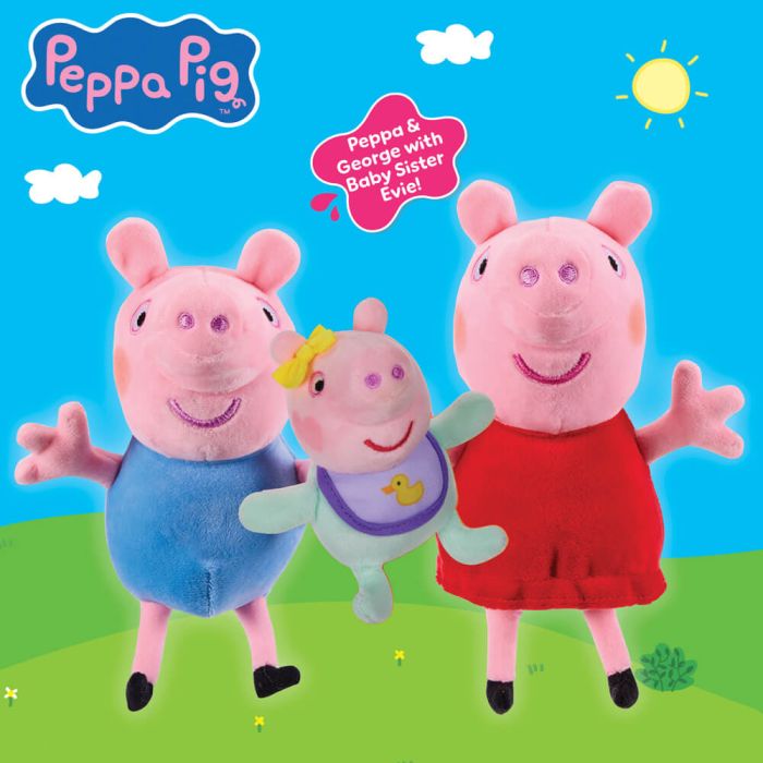 Plush toys of Peppa Pig, George, and baby sister Evie with a blue sky and sun background.