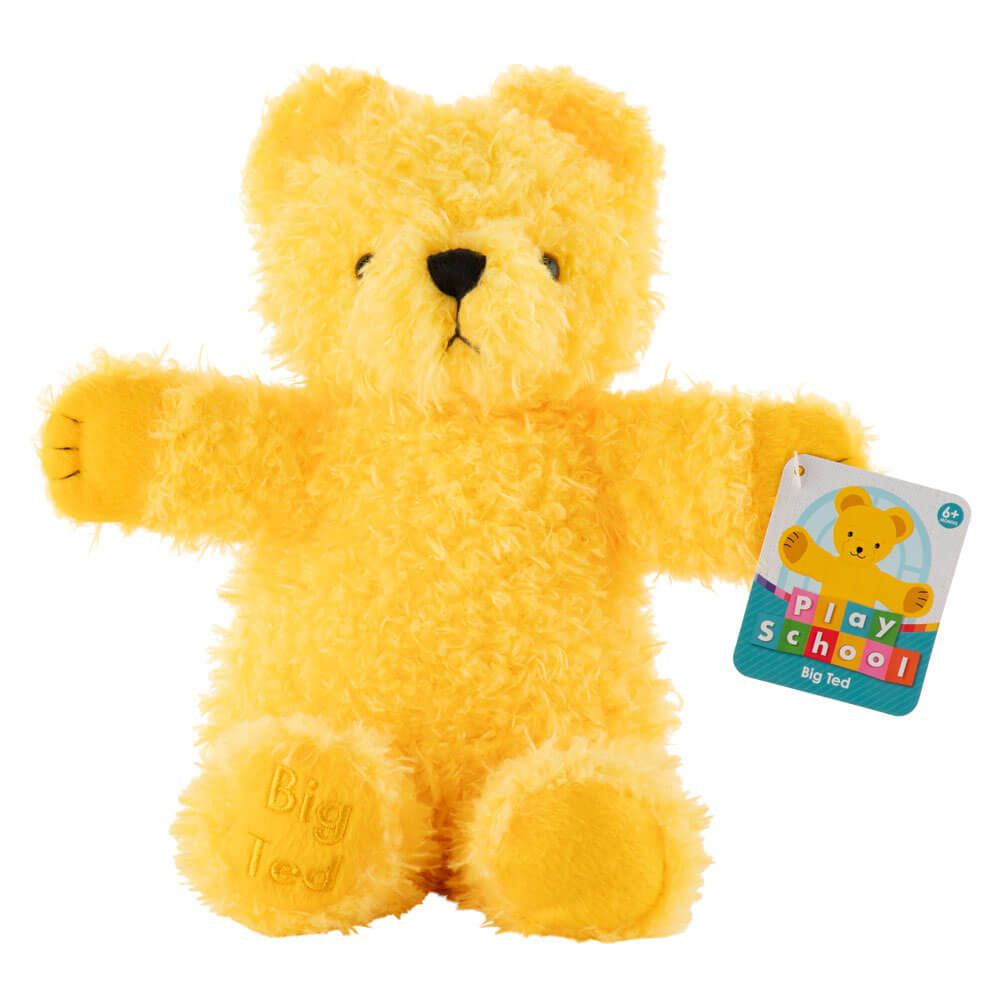 Yellow Big Ted teddy bear with a 'Play School' tag on a white background