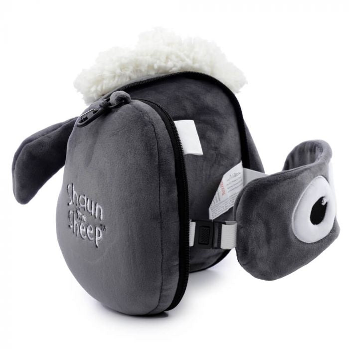 Black Shaun the Sheep plush toy eye mask and cushion with white accents on a white background