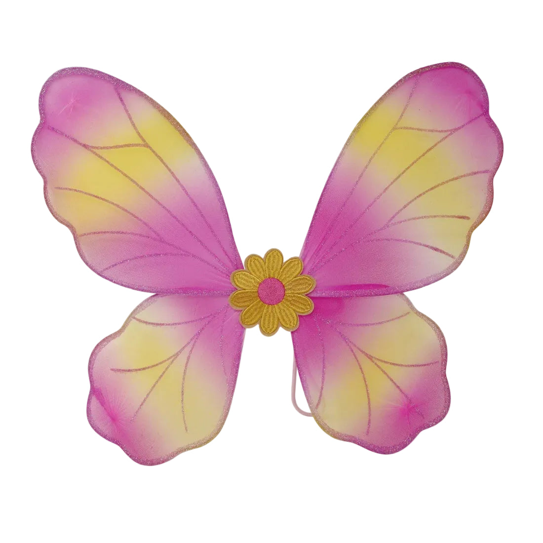 A pair of fairy wings shaped like butterfly wings, featuring a pink and yellow gradient with a small yellow flower at the center, shown on a plain light gray background.