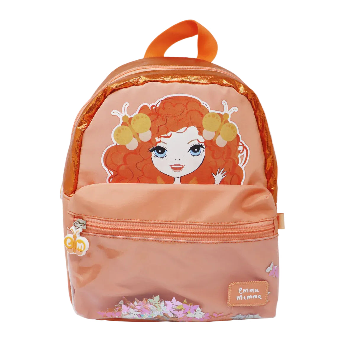 Children's backpack with an illustration of Emma Memma character on the front pocket and floral elements.