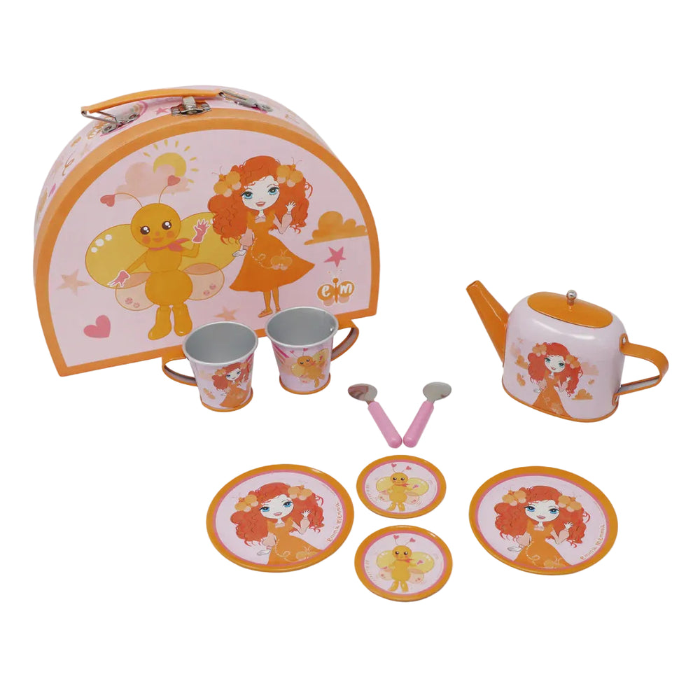Children's tin tea set in a semi-circle shaped case with the Emma Memma cartoon girl on each piece.
