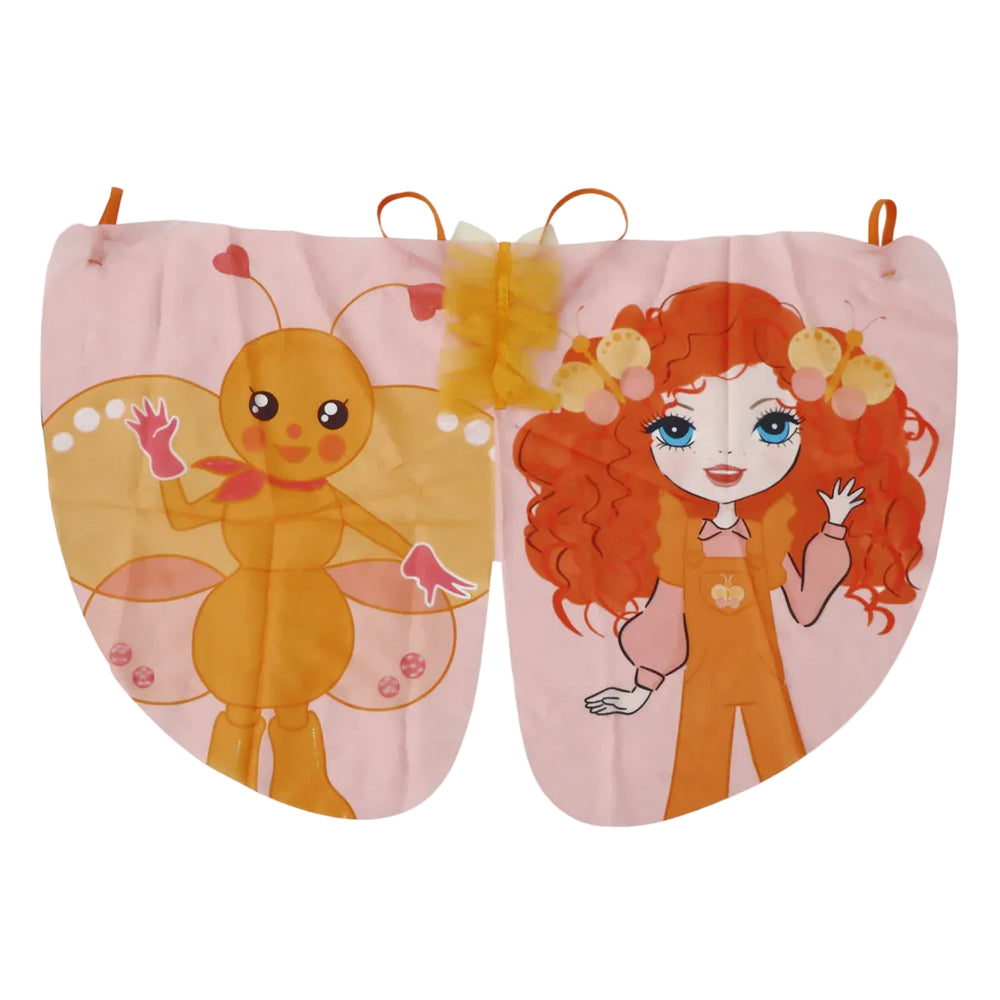 Butterfly wings with Emma Memma cartoon print on one wing and a carton been on the other wing