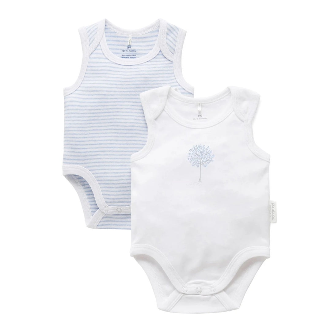 2 Pack Singlet Bodysuit - White/Pale Blue Melange Stripe