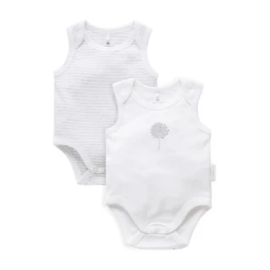 2 Pack Singlet Bodysuit - White/Pale Grey Melange Stripe - Tree