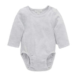 A pale grey melange long-sleeved ribbed bodysuit for babies.