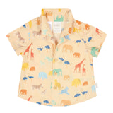 Children's short-sleeve buttoned shirt with animal pattern on a light yellow background