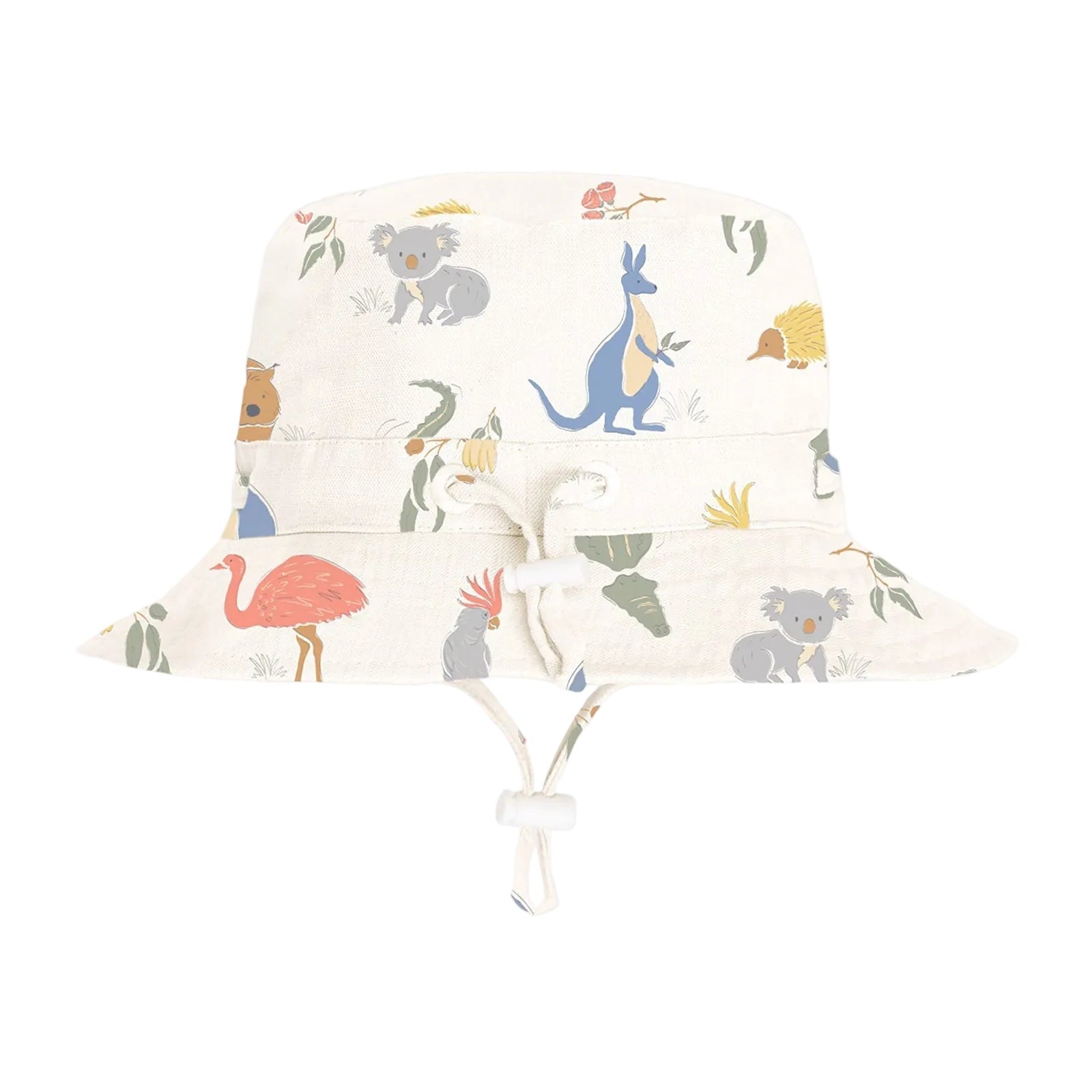 A white sun hat with a broad brim featuring a colorful Aussie animal print, including a giraffe, an elephant, a flamingo, and a crocodile.