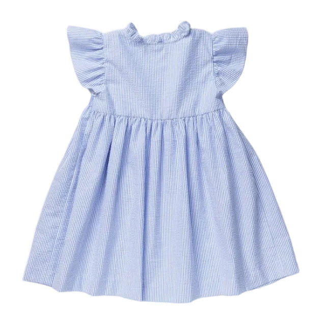 Blue and white pinstriped smocked dress back
