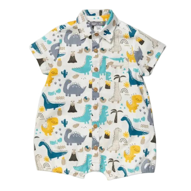 A short-sleeve baby romper with a white base and a colorful dinosaur print, featuring blue, yellow, and gray dinosaurs with small desert-themed illustrations.