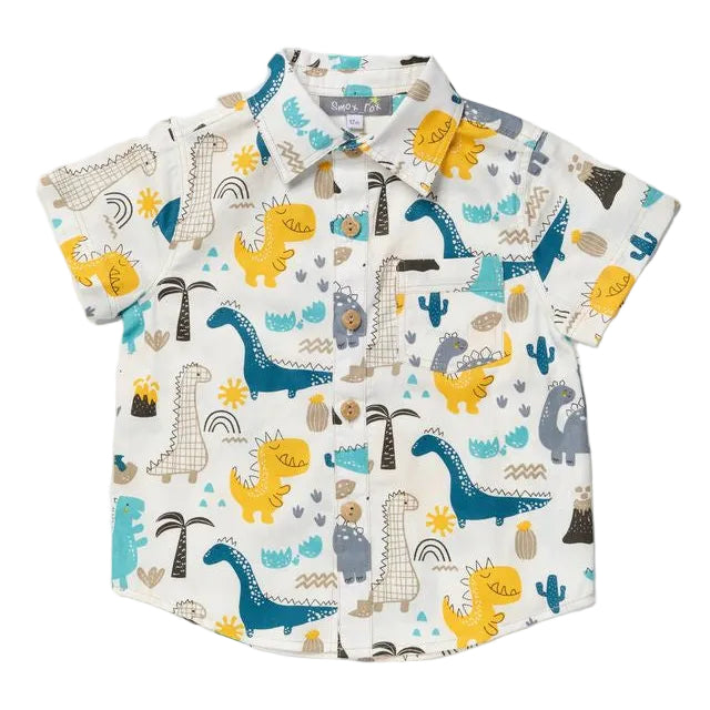 A short-sleeve button-up shirt for kids, featuring an all-over cartoon dinosaur print in yellow, blue, gray, and beige on an off-white background.