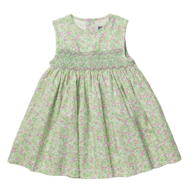A sleeveless baby girl's dress with a light green and pink floral print, featuring a smocked bodice and a flared skirt, shown flat against a light gray background.