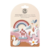 A package of Unicorn magnets, featuring a colorful set of die-cut magnets including a unicorn, rainbow, castle, swan, and flower, presented on a beige cardboard backing with a hanging tab.