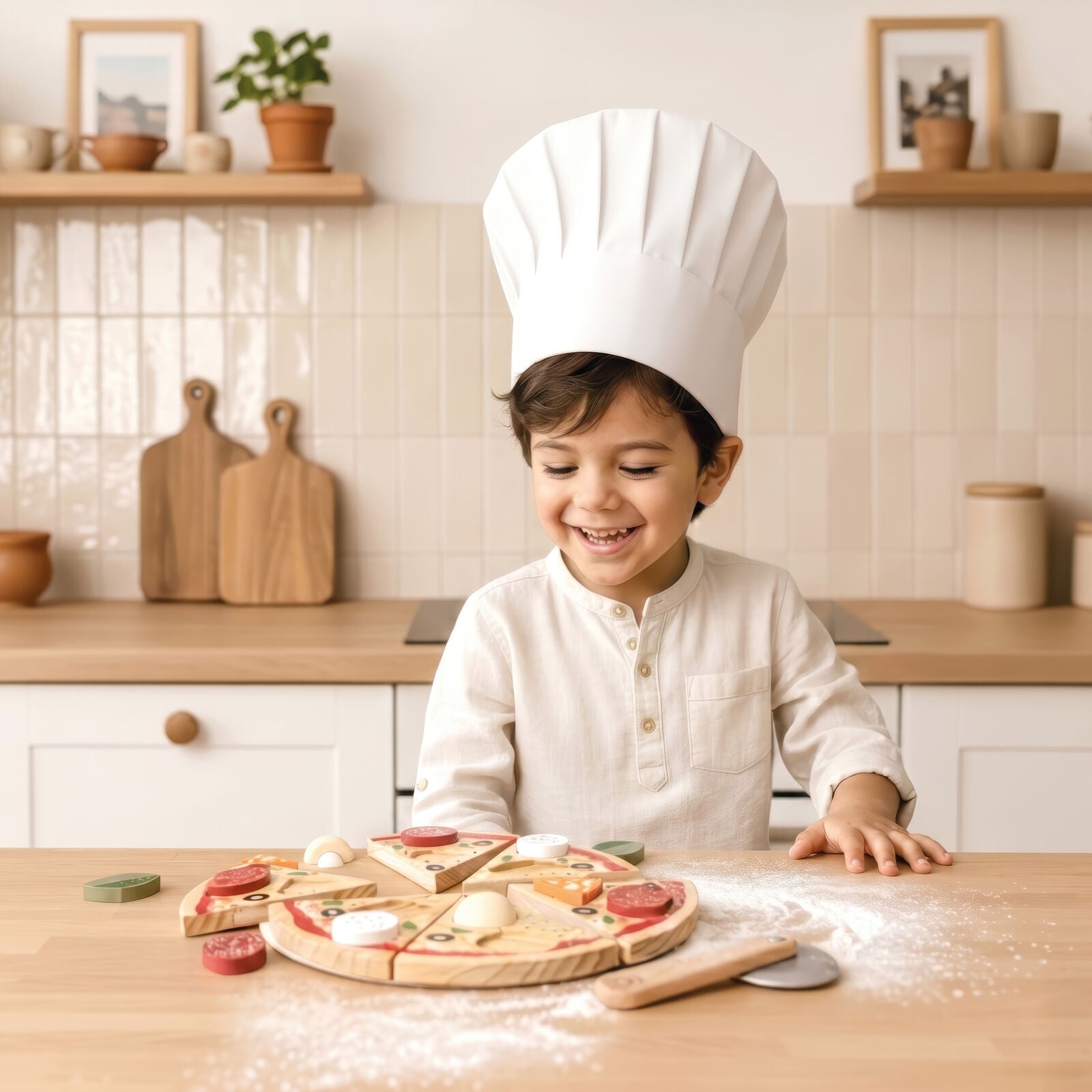 A children's wooden pizza playset on a white background, including a round wooden base, several cut pizza slices with toy toppings, a wooden pizza cutter, and loose cheese and tomato pieces.