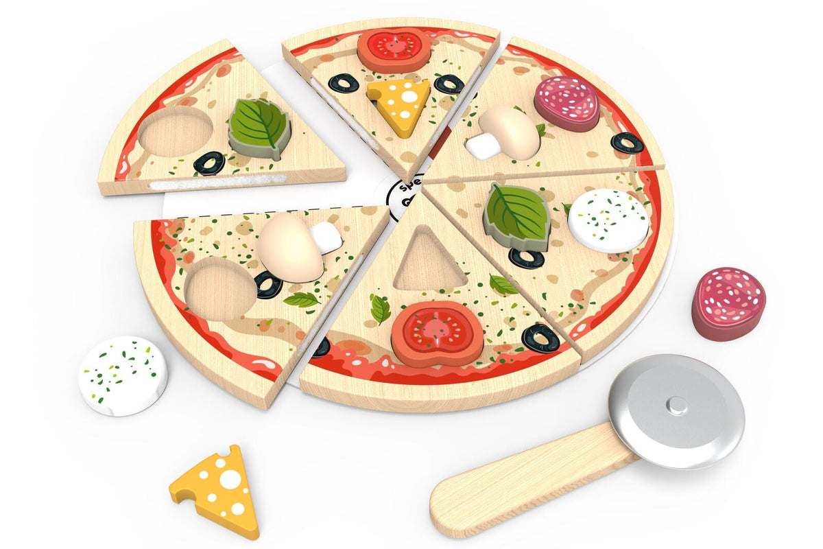 A children's wooden pizza playset on a white background, including a round wooden base, several cut pizza slices with toy toppings, a wooden pizza cutter, and loose cheese and tomato pieces.