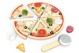 A children's wooden pizza playset on a white background, including a round wooden base, several cut pizza slices with toy toppings, a wooden pizza cutter, and loose cheese and tomato pieces.