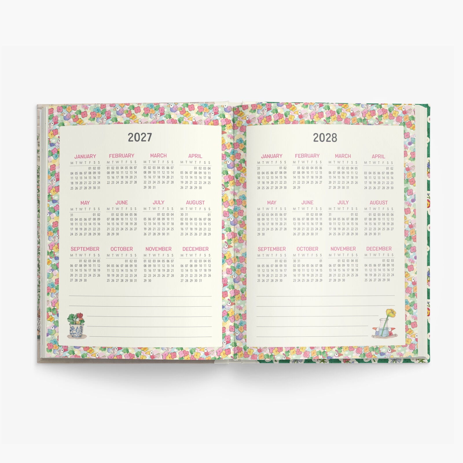 Twigseeds 2027 Diary, featuring a whimsical illustration of a flower shop with animal characters on the cover, shown standing upright against a clean white background.