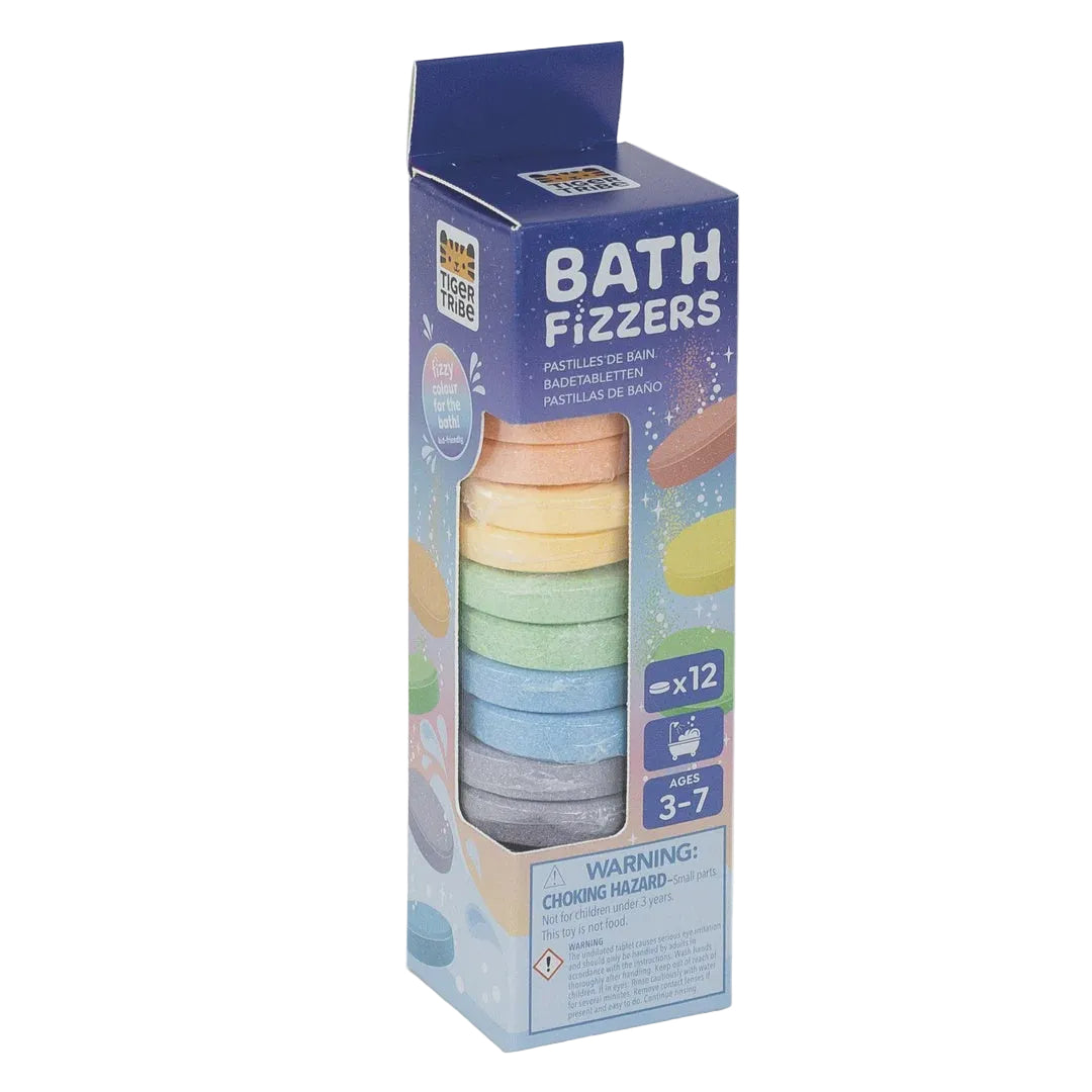 A boxed set of colorful bath fizzers shown in retail packaging on a white background. The package is blue with a clear window revealing stacked pastel bath salts in peach, yellow, green, blue, gray, and pink.