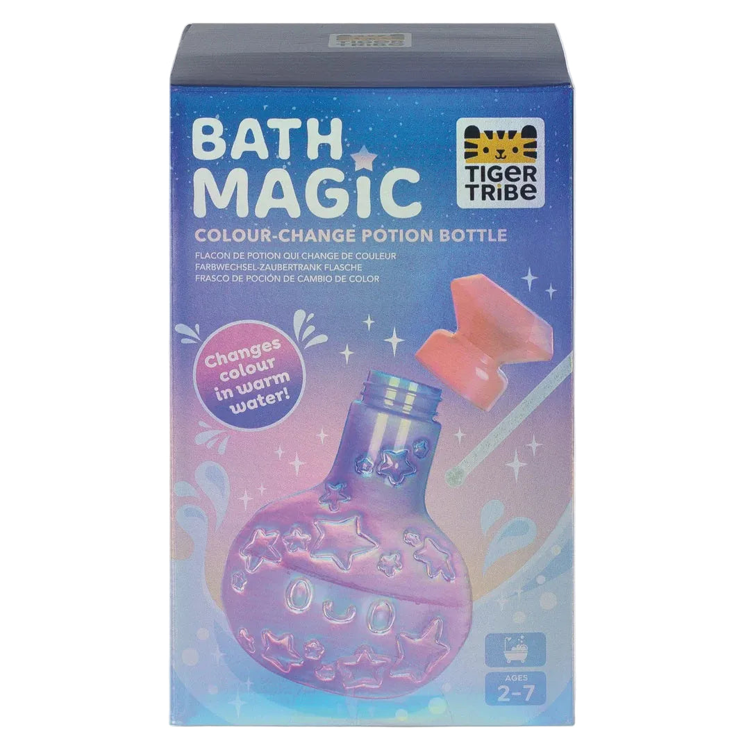 Tiger Tribe Bath Magic Colour-Change Potion Bottle toy packaging box, featuring a blue and purple design with an illustration of the bottle changing color in warm water.