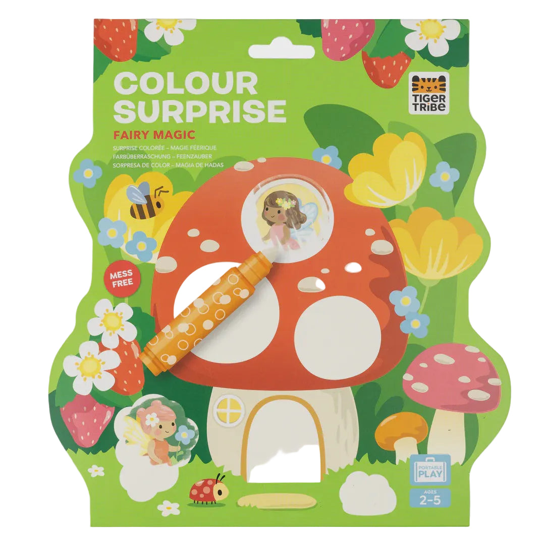 Color Surprise Fairy Magic booklet packaging with a mushroom house and fairy figure, featuring Tiger Tribe branding.