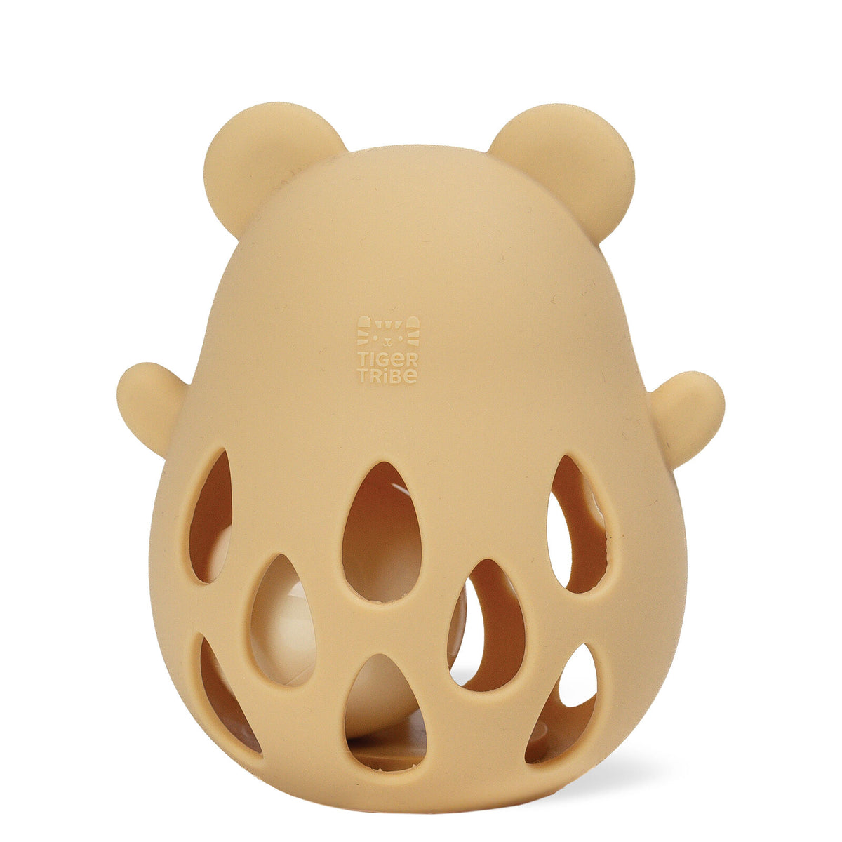 A beige silicone baby teether with a bear head silhouette, featuring ear shapes, side lugs, and cutout teardrop patterns on the front, shown on a white background.